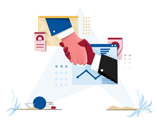 A vector image of experts shaking hands illustrates a business agreement